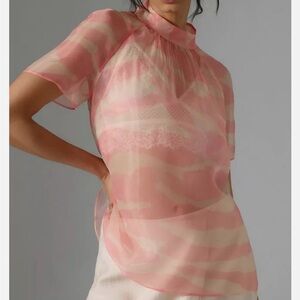 Anthropologie Women’s XS Petite Pink Combo Short Sleeve Mock Neck Blouse NWT